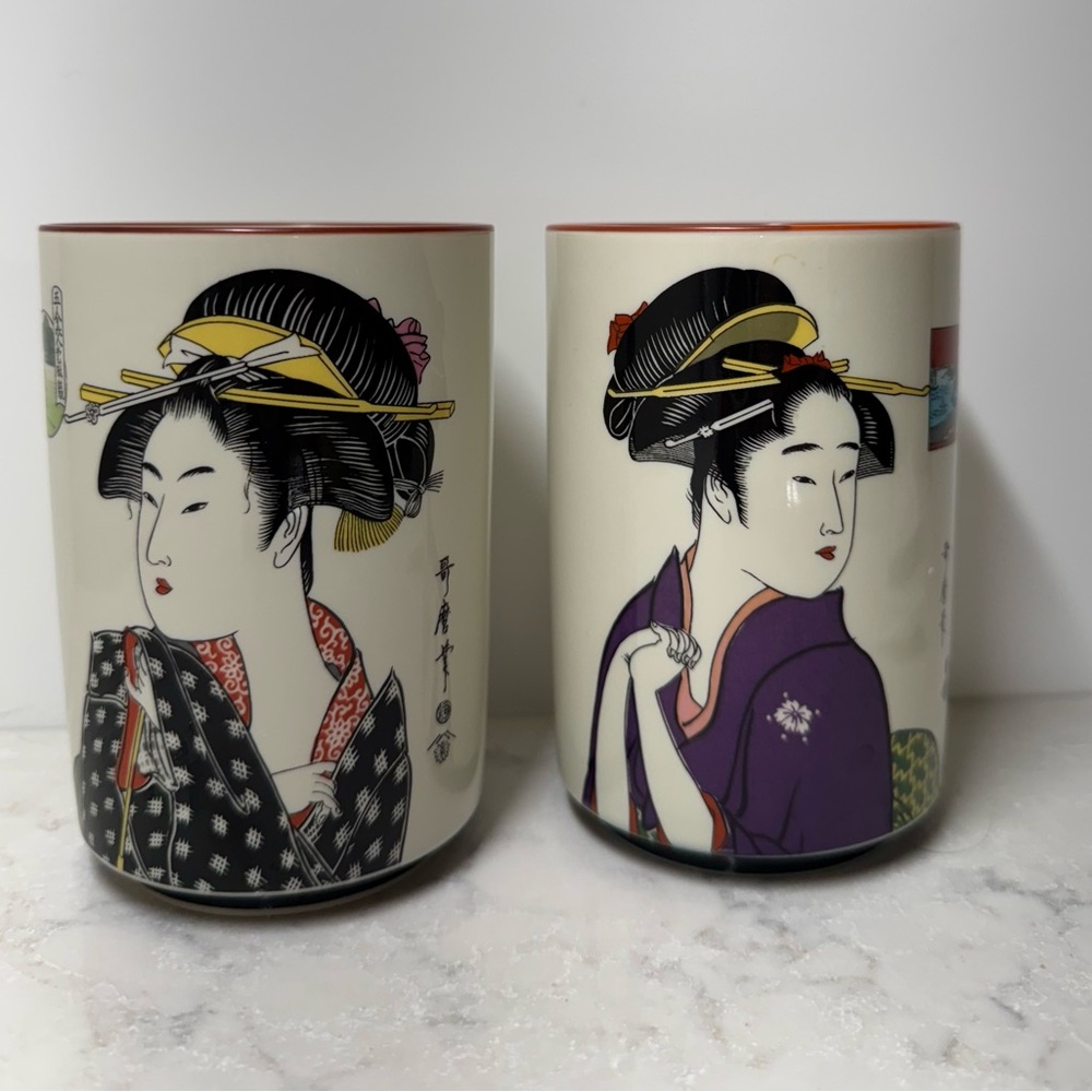 Source Unknown Japanese Geisha Ceramic Mugs - Black, Purple, Red, Yellow